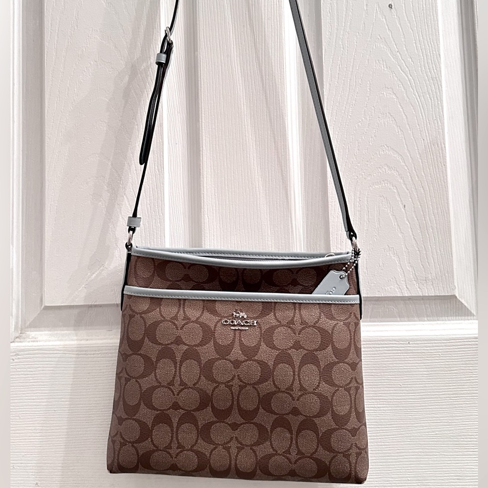 Coach Leather File Crossbody Tan and Baby Blue